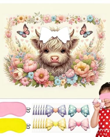EmmgHen Pin The Bow On The Highland Cow Party Game Poster with 24 Pcs Stickers Blindfolds Cartoon Floral Cattle Farm Animal Themed Party Activity Decorations Supplies for Baby Shower Birthday