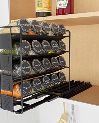 SpaceAid Pull Out Spice Rack Organizer with 20 Jars, Heavy Duty Slide Out Seasoning Organizer for Kitchen Cabinets, with 801 Labels and Chalk Marker, Right Facing