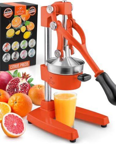Zulay Kitchen Cast-Iron Orange Juice Squeezer - Heavy-Duty, Easy-to-Clean, Professional Citrus Juicer - Durable Stainless Steel Lemon Squeezer - Sturdy Manual Citrus Press & Orange Squeezer (Orange)