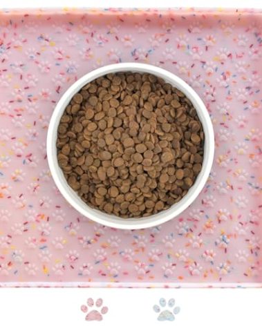 Ptlom Dog Food Mat Anti-Slip Dog Bowl Mats for Food and Water, Waterproof Pet Placemat Prevents Messy Spill to Floor, Silicone Puppy Feeding Tray for Small, Medium and Large Dogs Cats, Pink