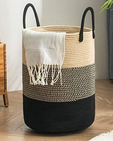 YOUDENOVA Woven Rope Laundry Hamper Basket, 72L Tall Luandry Basket, Baby Nursery Hamper for Blanket Storage, Clothes Hamper for Laundry in Bedroom-Large-Black & Brown