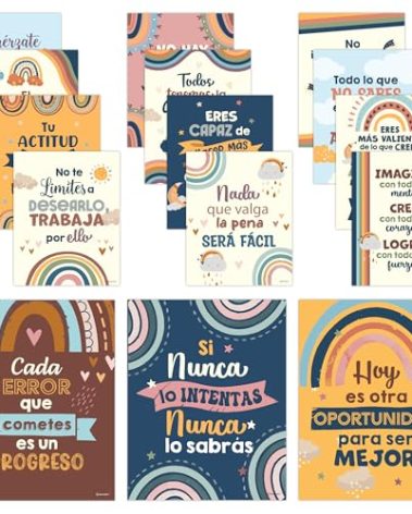 Decorably 15 Boho Rainbow Motivational Spanish Classroom Posters, 11x14in Matte-Laminated Inspirational Spanish Posters for Classroom High School, Middle School, Elementary - Bulletin Boards, Hallways