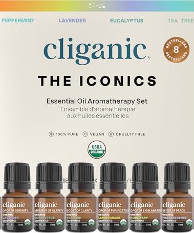 Cliganic Organic Aromatherapy Essential Oils Gift Set (Top 8 - The Iconics), 100% Pure - Peppermint, Lavender, Eucalyptus, Tea Tree, Lemongrass, Rosemary, Frankincense & Orange (Packaging May Vary)