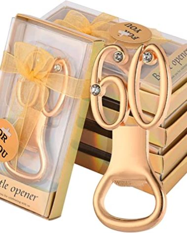 50 Pcs Golden 60th Birthday Party Favors with Rhinestones, Perfect for Guests, Personalized 60 Beer Bottle Openers, Bulk Keepsakes (60)