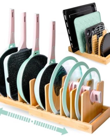 Pots and Pans Organizer under Cabinet, Bamboo Expandable Bakeware and Cutting Board Organizers, Adjustable Pot Lids Holder Rack, Cookie Sheet Baking Pan, Tray Organizer for Kitchen Storage (Natural)