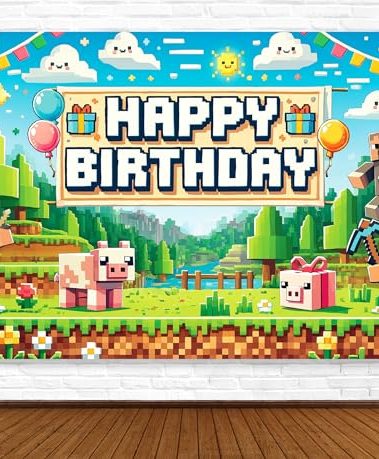 Pixel Backdrop Happy Birthday Banner Boy 6x4ft Miner Bday Sign Villager Gaming Birthday Party Decorations Videogame Themed Banner Video Game Decorations Video Game Backdrop for Boys