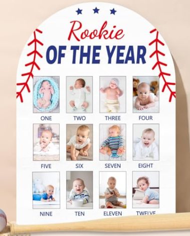 Baseball First Year Photo Board Rookie of the Year Birthday Party Decoration Wooden Board 12 Monthly Milestone Picture Frame Sports 1st Birthday Photo Banner for Baby Boy Keepsake Gift Supply2x2.8In