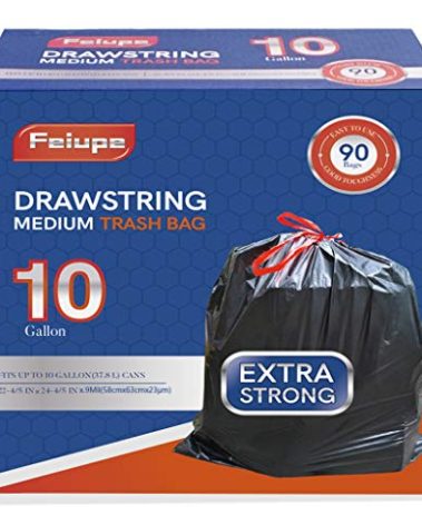 Feiupe 10 Gallon Drawstring Trash Bag Garbage Bag Trash Can Liner,0.9 Mil,90 Count (Black, 10 Gallon)