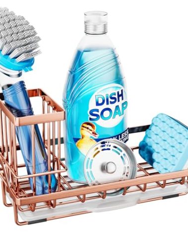 Consumest Sponge Holder for Kitchen Sink - Sink Caddy Kitchen Organizer with Removable Drip Tray for Countertop Dish Soap Dispenser Brush Storage Accessories 304 Stainless Steel, Rose Gold