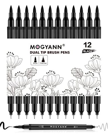 Mogyann Drawing Pens, 12 Pack Dual Brush Pens Black Markers for Art Drawing Sketching