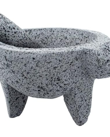 YOPIDO 9 inch Molcajete Mortar and Pestle with Pig Design, Mexican Handmade with Lava Stone Ideal as Herb Bowl, Spice Grinder, Volcanic Stone