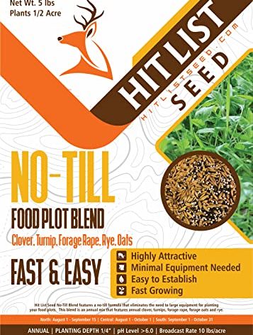 Hit List Seed No Till Food Plot Seeds for Deer [Annual Mix] – Throw and Grow Food Mix – Deer Seed Blend with Clover, Rye, Turnip, Brassica, Oats – No Plow Planting – 5 lbs