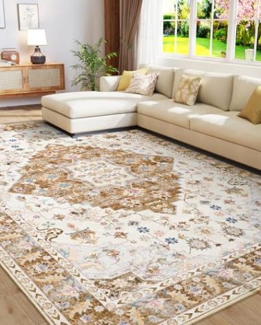Amearea Vintage Design Area Rugs for Living Room, 4x6 Machine Washable Floral Collection Traditional Bedroom Rug, Low Pile Cute Kids Room Print Carpet, No Slip Office Kitchen Home Decor, Gold Yellow