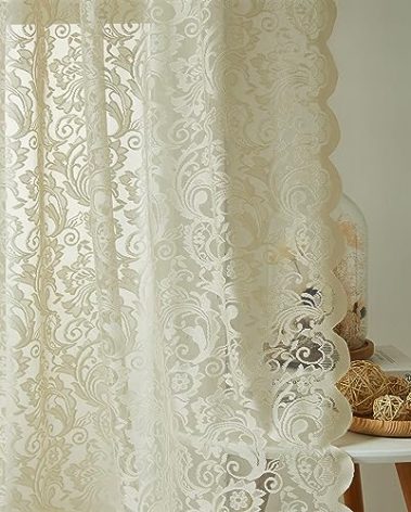 Bujasso Beige Sheer Lace Curtains 63 inch Vintage Floral Sheer Window Curtain Panels for Living Room Bedroom Elegant Light Filtering Beige Drapes Window Treatment Sets Grommet Top 2 Panels 54" Wx63 L
