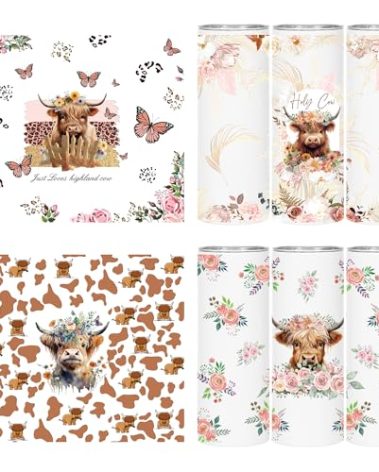 UV DTF Cup Wraps Sticker - 4 Sheets Highland Cow UV DTF for 20 OZ Glass, Tumbler, Rose, Cow Print, Butterfly Design Rub on Transfer Sticker, Creative Gifts for Self, Friends, Teacher, Student