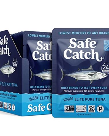 Safe Catch Elite Tuna Wild-Caught Lowest Mercury Tuna Fish Pouch Gluten-Free Keto Food Non-GMO Kosher Paleo-Friendly High Protein Snack, No Water Oil Tuna, Pack of 12 Tuna Pouches 3oz