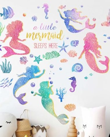 Amimagen Baby Girls Mermaid Wall Decals - Under The Sea Marine Theme Wall Stickers - Nursery Kids Room Daycare A Little Mermaid Sleeps Here Wall Decor