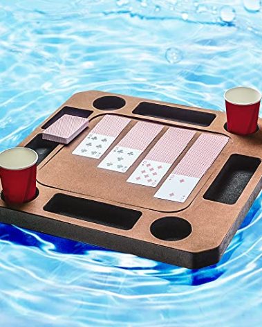 Floating Game or Card Table Tray for Pool or Beach Party Float Lounge Durable Foam Drink Holders with Waterproof Playing Cards (Brown)