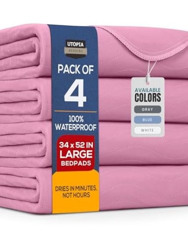 Utopia Bedding Washable Underpads 34" x 52" (Pack of 4), Waterproof Reusable Heavy Absorbency Incontinence Bed Pads for Adults, Kids, Elderly and Pets, Bedwetting Pads for Sofa and Couch (Pink)