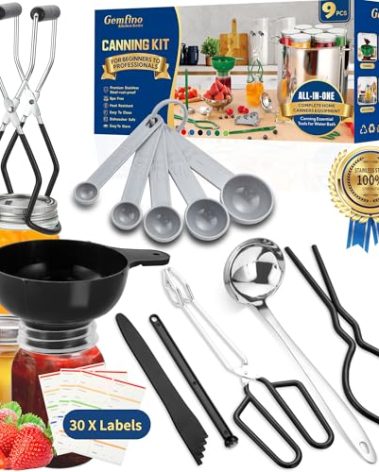 Canning Supplies Starter Kit,Canning Kit for Beginners of 9 with Jar Lifter,Wide Mouth Funnel,Wrench,Tongs,Lid Lifter,Bubble Popper,Canning Labels,ladle,Measuring Spoon-Black