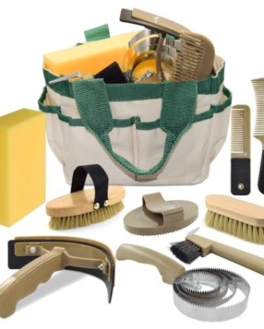 inoreal 9 Pieces Horse Grooming Kit, Tack Room Supplies Set with Tote Bag, Horse Brush Set for Effective Cleaning and Bathing, Professional Equine Coat Care Kit for Horse Riders Beginner