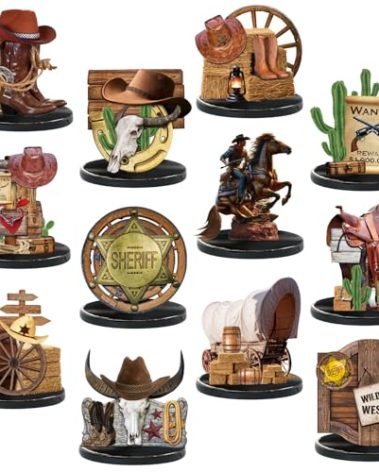 Colingmill 12 Pcs Western Centerpieces Wild West Party Decorations 3.94 Inches Christmas Western Wooden Centerpieces for Tables for Party Decorations Birthday Baby Shower(Brown,Cowboy)