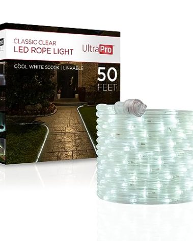 UltraPro LED Rope Lights, 50ft Classic Clear Rope, Cool White Light 5000K, Indoor/Outdoor, Flexible, Linkable, Durable, Rope Lights Outdoor, 54846