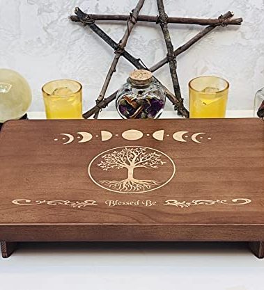 Altar Table, Meditation Table, Small Altar Table, Wooden Witch Altar, Wiccan Alter Table, Buddhist Shrine, Engraved Moon Phase and The Tree of Life on Table Top, 12 × 8 inches