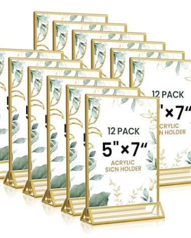5x7 Gold Acrylic Sign Holder, 12 Pack Wedding Table Number Stands With Vertical Gold Borders, Double Sided Picture Frame Paper Stand, Clear Photo Display Menu for Party, Home, Restaurant