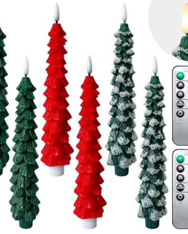 6 Pack Christmas Tree Taper Candles Flameless Taper Candles with Remote Timer Christmas Tree Candlesticks 3D Wick Flickering Battery Operated Candles for Christmas Holiday Home Party Decoration