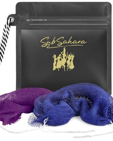 SubSahara African Net Sponge Authentic - 2 Pieces Exfoliating Scrubber for All Skin Types, Ideal for Face & Body Daily Use, Durable, Gentle Exfoliation (Blue & Purple)
