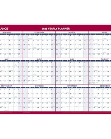 AT-A-GLANCE 2026 Erasable Calendar, Dry Erase Wall Planner, 36" x 24", Large, Vertical/Horizontal, Reversible, Includes Marker (PM262826)