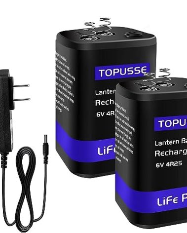 TOPUSSE Rechargeable 6 Volt 4.5AH LiFePO4 Lantern Battery with Charger 1500+ Cycles, 6V Batteries Battery with BMS (Spring Terminals) 2 Pack