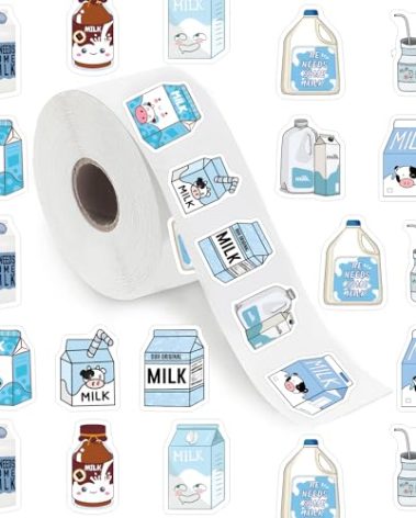 Milk Stickers (500 pcs), 10 Sheets Aesthetics Cartoon Decal Roll Self Adhesive Seals for Kids Girls Boys Teen Birthday Party Decoration Water Bottle Laptop Scrapbook Cards Envelope