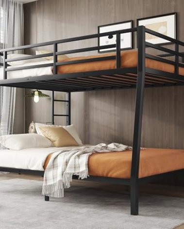 Bellemave Full XL Over Queen Bunk Bed for Adults, Full XL Over Queen Bunk Bed Frame with 2 Ladder and Full Length Guardrail, Easy Assemble, Mattress Not Included, Black