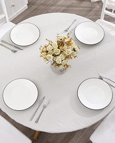 Round Vinyl Fitted Tablecloth with Flannel Backing Elastic Edge Design Table Cover Waterproof Oil-Proof PVC Table Cloth Stain-Resistant Best for 57"-66" Round