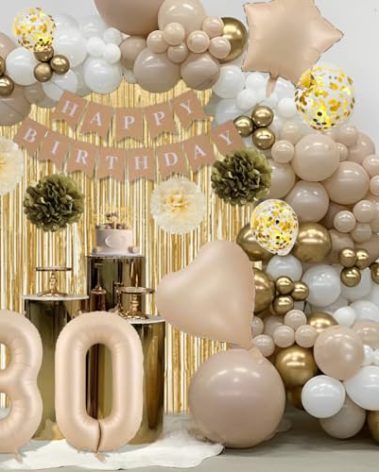 30th Birthday Decorations for Her, Nude Beige Birthday Party Decoration for Women Him, Happy Birthday Banner Boho Balloon Garland Beige Balloons Arch Kit with Gold White Sand Balloons