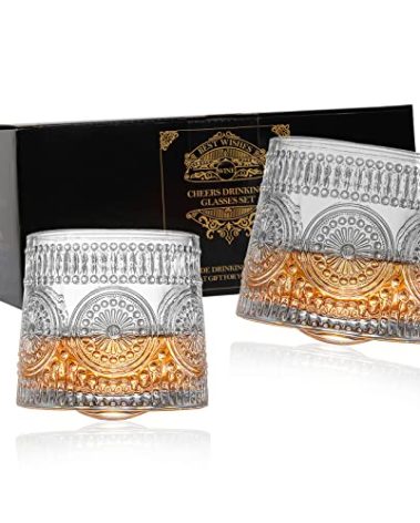 Whiskey Glasses set of 2, 9 Oz Crystal Rotating Whisky Tumblers, gift box for Bourbon & Scoth & Vodka, whiskey drinks etc