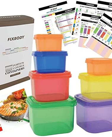 FIXBODY 7PCS Portion Control Containers, Color-Coded Labeled, 21 Day Lose Weight System (Use Guide, 21 Day Tracker and Recipe Ebook Include)