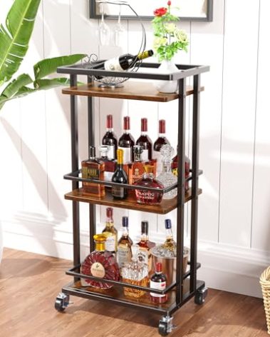 OKZEST 3 Tier Bar Cart for Home, Rolling Mini Liquor Bar for Wine Beverage Dinner Party, Utility Kitchen Storage Island Serving Cart on Wheels, Coffee Bar Cabinet for Kitchen Dining Living Room, Brown