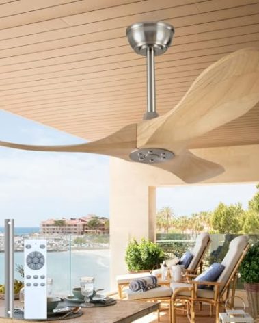 36 Inch Wooden Ceiling Fan Without Light With Remote Control, 3 solid wood fan blades Ceiling Fan for Indoor, Living Room, Dining Room, Bedroom, Terrace, Porch(Brushnickle+Natural Wood, 36 inch)