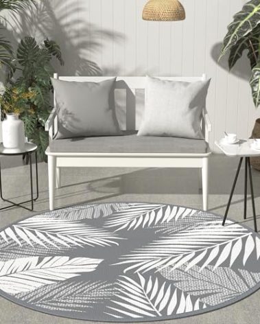 GENIMO Outdoor Rug 8' Round Waterproof for Patios Clearance, Reversible Outdoor Plastic Straw Camping Rug Carpet, Large Area Rugs Mats for RV, Camper, Deck, Balcony, Porch, Beach, Picnic, Grey&White