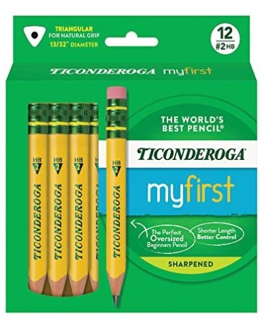 Ticonderoga My First Short Triangular Wood-Cased Pencils, #2 HB Soft, With Erasers, Yellow, 12 Count