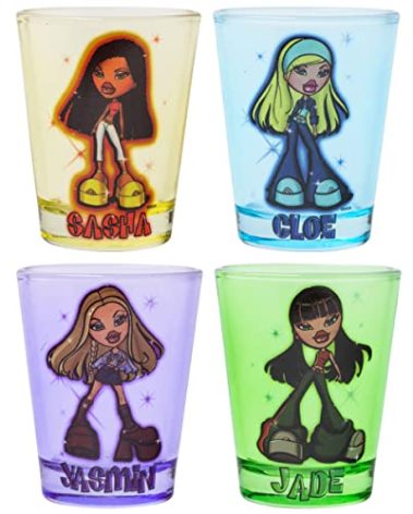 Silver Buffalo Bratz Sparkle Featuring Sasha, Cloe, Jasmin, and Jade 4 Pack Mini Glasses, 1.5 Ounces