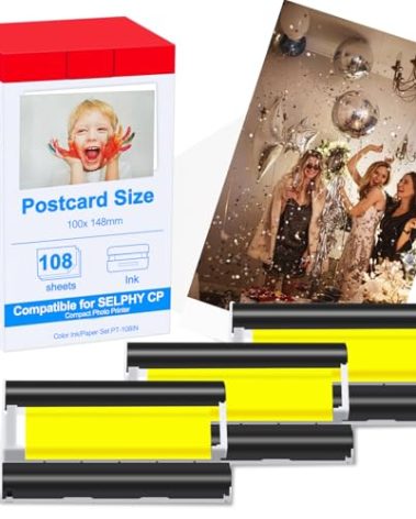 KP-108IN Color Ink and Paper Set Compatible for SELPHY CP1300 CP1500 CP1200 Wireless Compact Photo Printer (4 x 6 inch 108 Ink Paper Sheets + 3 Color Ink Cartridges)