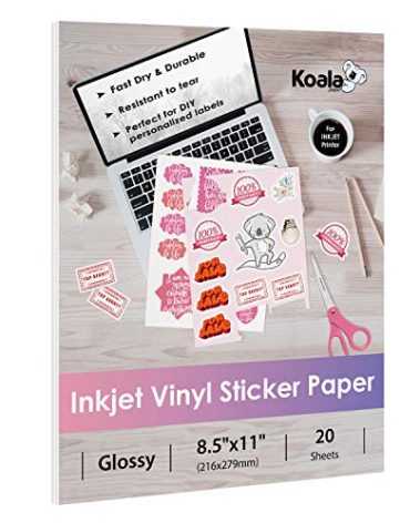 Koala Printable Vinyl Sticker Paper for Inkjet Printers - 20 Sheets Glossy White Water-Resistant Adhesive Label Paper - 8.5x11 Inch, Tear-Resistant, Removable