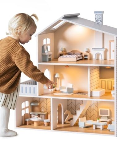 ROBOTIME Wooden Dollhouse, Wooden Doll House with 29 Pieces of Furniture, 6 Rooms Fits 4-6 Inch Dolls, Gift for Kids Ages 3+
