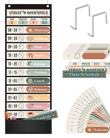 Godery Boho Theme Daily Schedule Pocket Chart Set Decorate Your Classroom or Home for pre-Kindergarten to Grade 6, Black