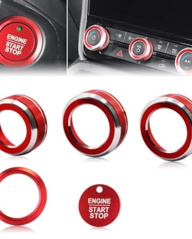 for Ford Ranger 2024 2025 Aluminum Air Conditioning Knob, Start/Stop Button Ring, 5-Piece Set (red)