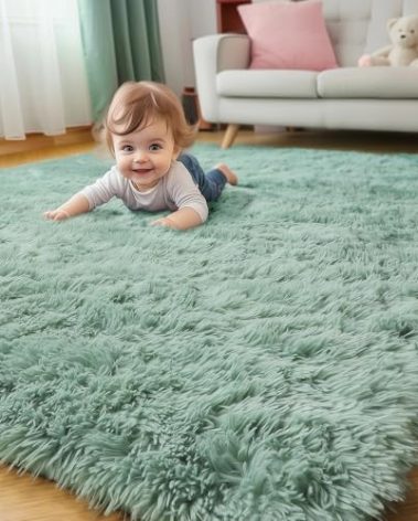 Sage Green Rugs for Bedroom Living Room Aesthetic, Fluffy Furry Area Rug 5x8 for Nursery, Classroom, Teen Boys, Baby Kids Room Decor, Cute Shaggy Carpet for Playroom Dorm, Fuzzy Plush Light Mint Rug
